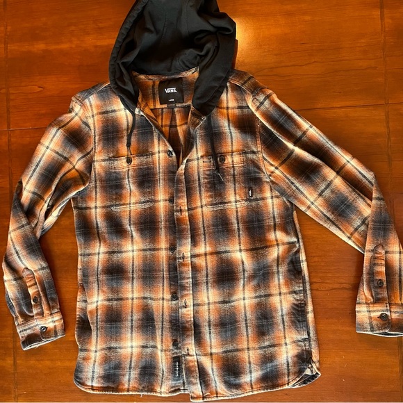 Vans LOPES hooded flannel shirt orange black plaid classic fit size Large - Picture 6 of 11